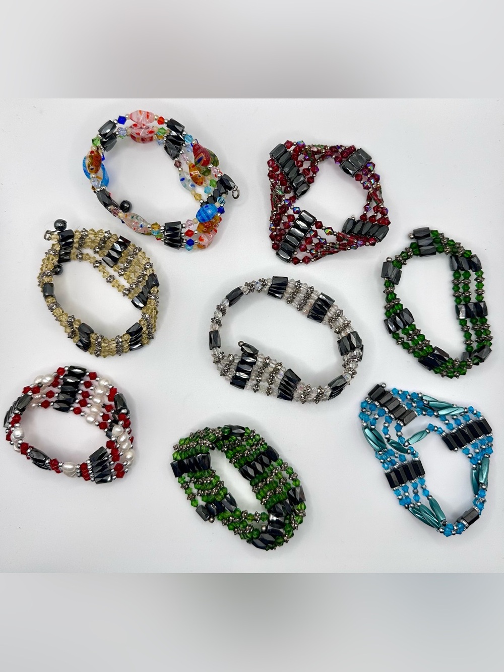 Lot of 8 Hematite Bracelets or Necklaces - Multicolored Cloissone Glass Pearls